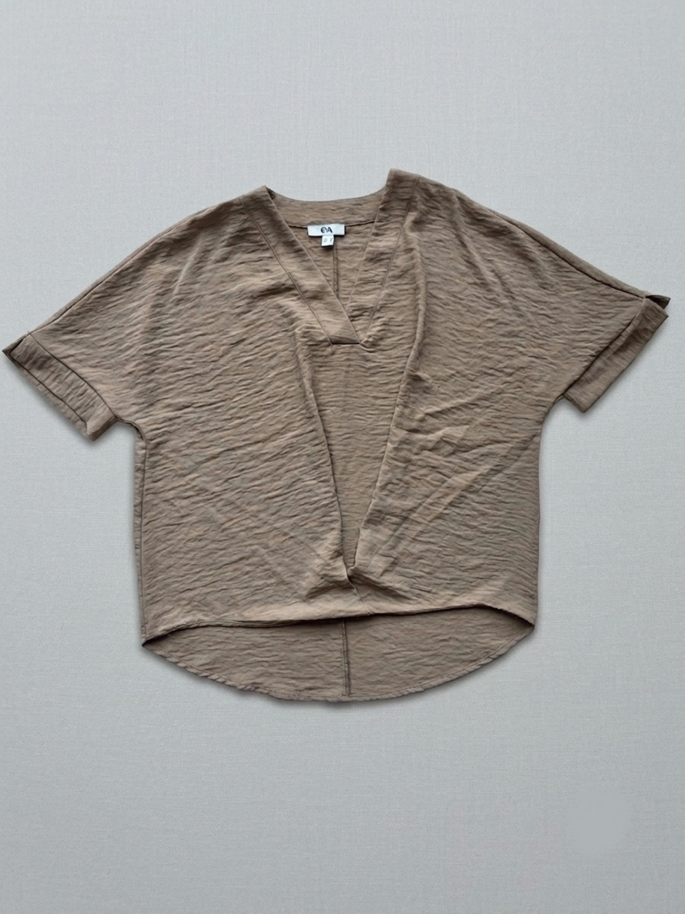 C&A Taupe V-Neck crossover Short Sleeve Relaxed Blouse Top S